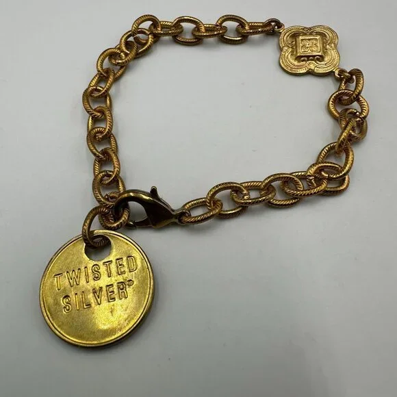 Twisted Silver Brand Bracelet Gold Tone Chain Link Medallion Charm 7.5 Inch - Picture 3 of 8